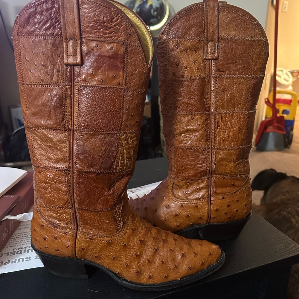 Vintage Nocona Ostrich Patchwork Leather Cowboy Boots
